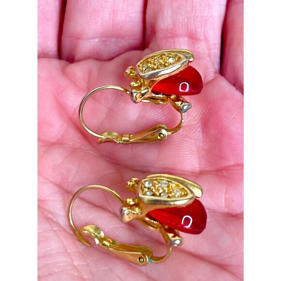 Ladybug Red Jelly Belly Gold Tone Rhinestone Thread Hoop Earrings - Picture 3 of 3